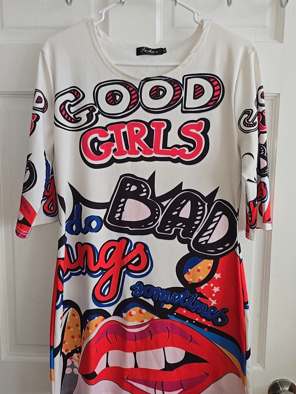 Graphic Pop Art 'Good Girls' Tunic Dress - White, Red, Blue